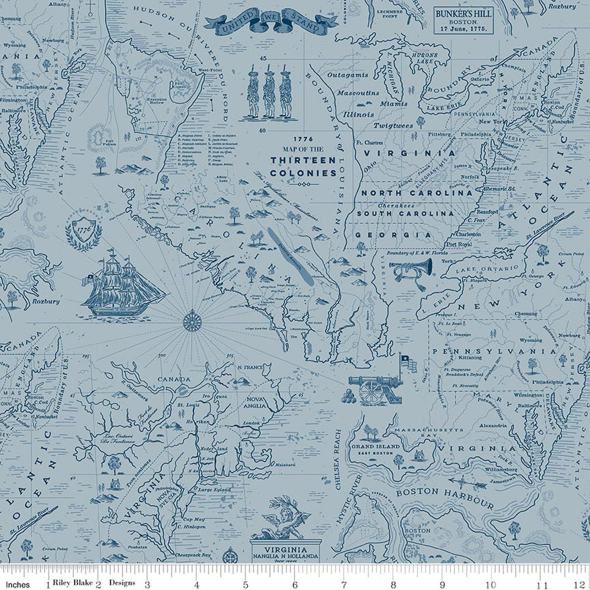 Independence Colonial Map Blue | Fat Quarter